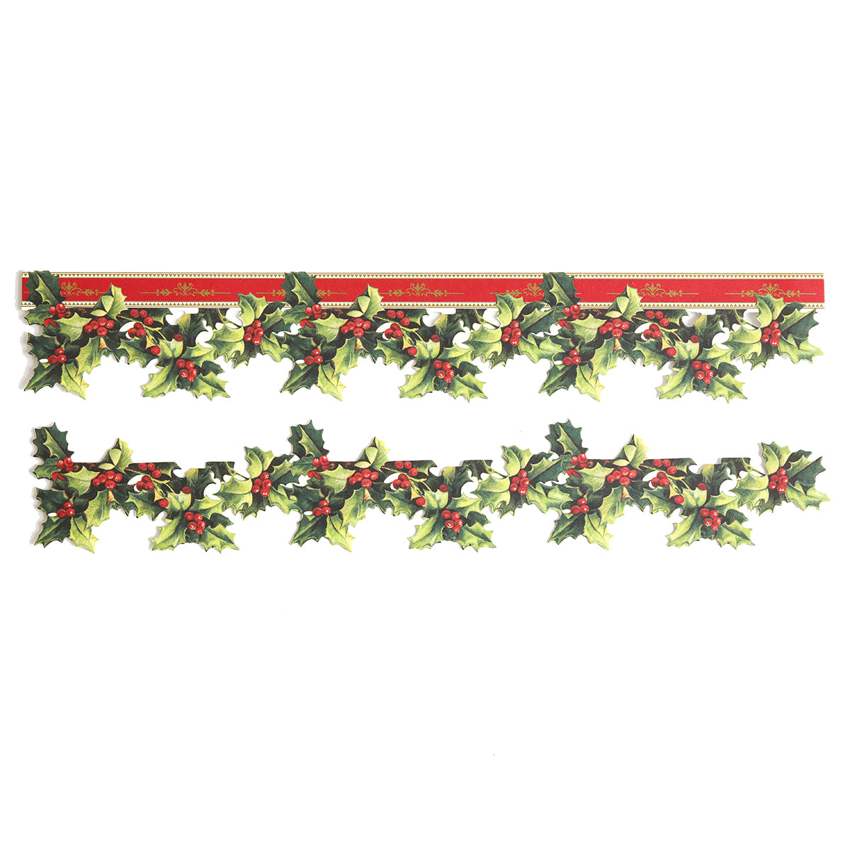 The Holiday Border Stickers include three designs adorned with holly leaves and red berries, highlighted with accents of red and gold, making them ideal for handmade card embellishments or festive scrapbook projects.