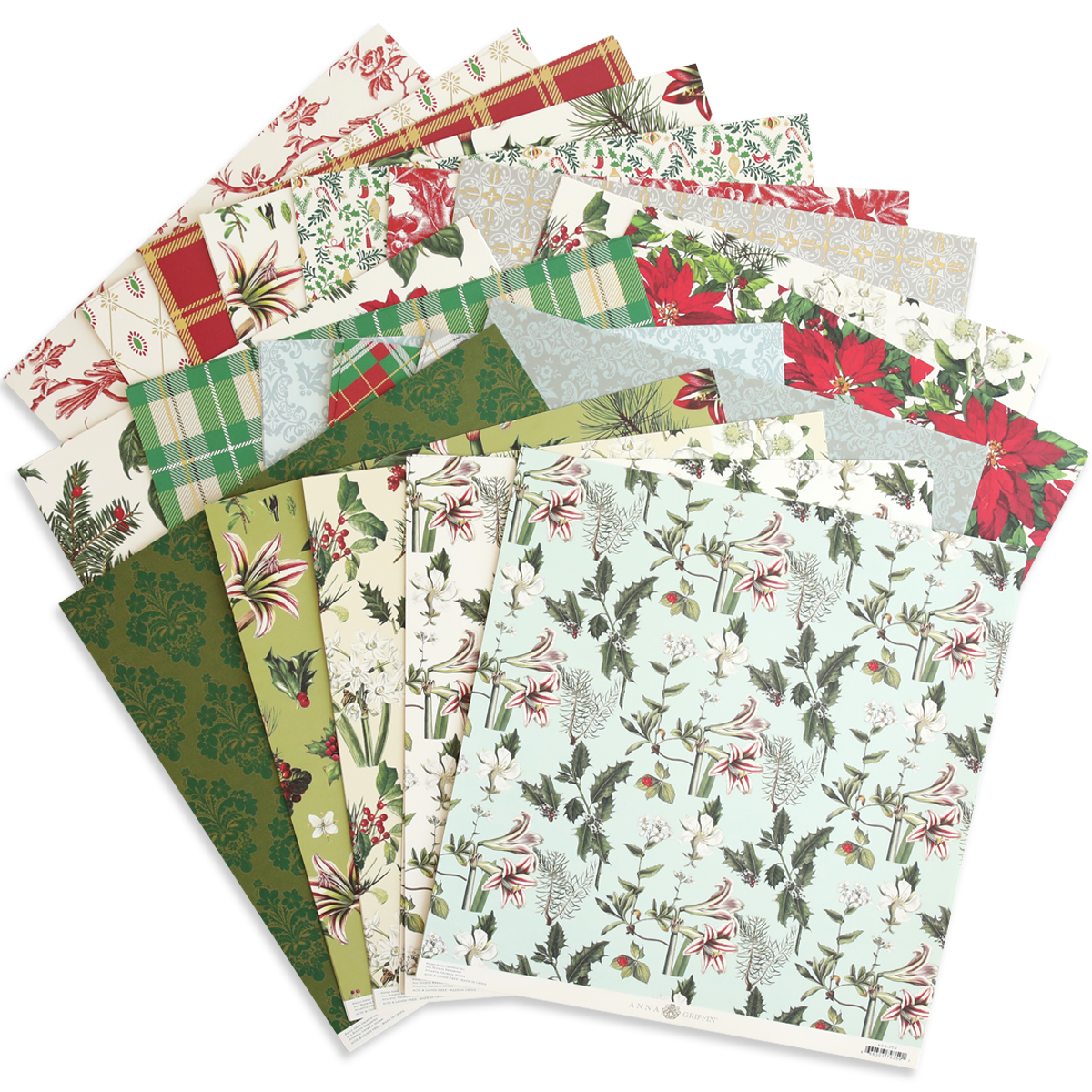 A variety of patterned 12x12 sheets featuring floral, plaid, and holiday-themed designs in festive green, red, and white tones. Perfect for crafting Christmas cardstock projects. Find these charming designs in the Christmas Cardstock Collection at Anna's Archives.