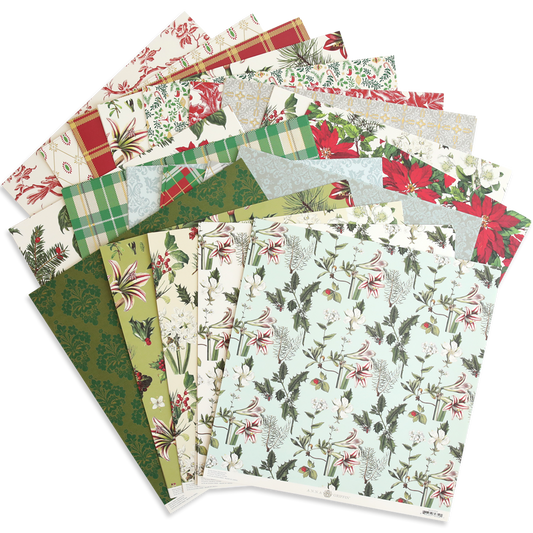 A variety of patterned 12x12 sheets featuring floral, plaid, and holiday-themed designs in festive green, red, and white tones. Perfect for crafting Christmas cardstock projects. Find these charming designs in the Christmas Cardstock Collection at Anna's Archives.