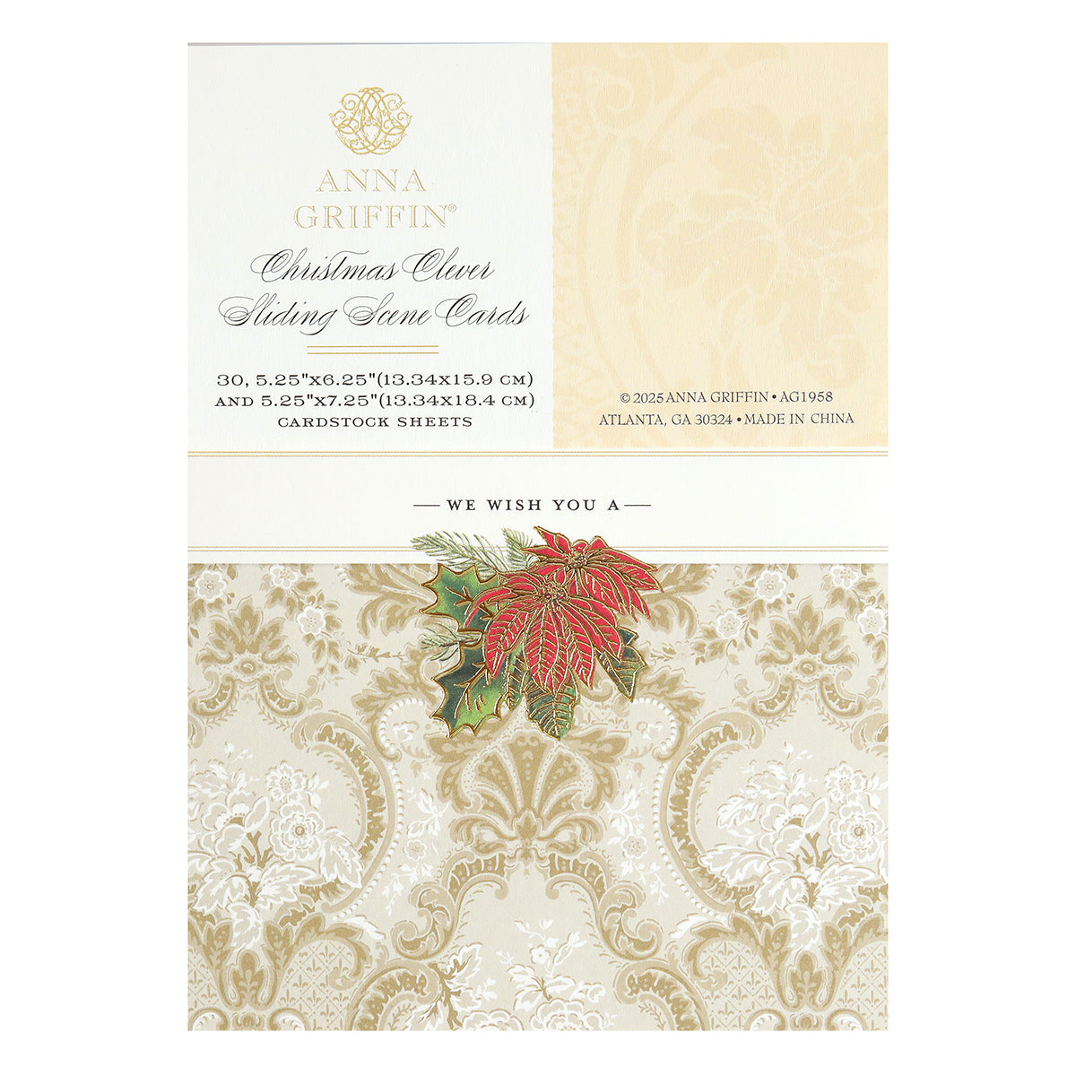 The Christmas Clever Sliding Scenes Cardstock by Anna Griffin features ornate gold damask patterns, a red poinsettia embellishment, and black and gold product details, crafted with interactive sliding card dies for festive messages.