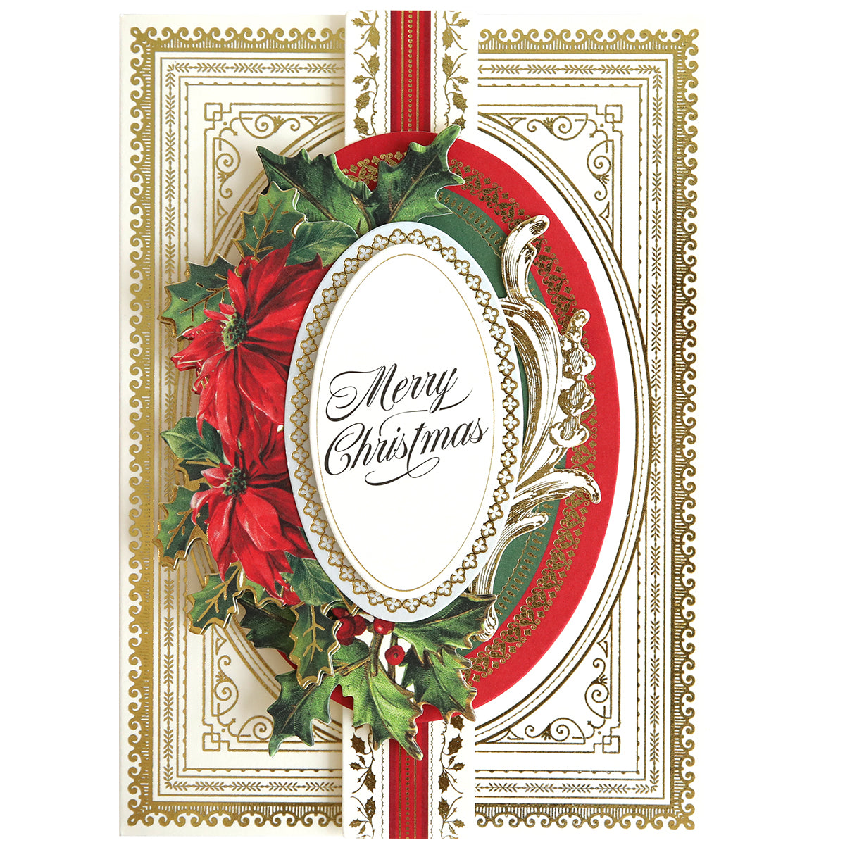 An ornate Christmas card with gold and red detailing, featuring poinsettias and holly. The center has an oval frame with the text "Merry Christmas" in cursive, perfect for those who cherish the Christmas Greetings Card Making Kit.