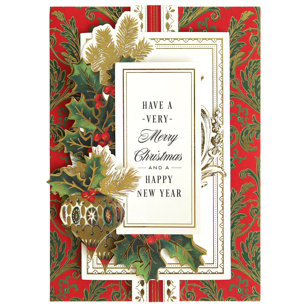 A Christmas Greetings Card Making Kit adorned with ornate red and green holly leaf designs features a heartwarming message that reads, "Have a Very Merry Christmas and a Happy New Year.