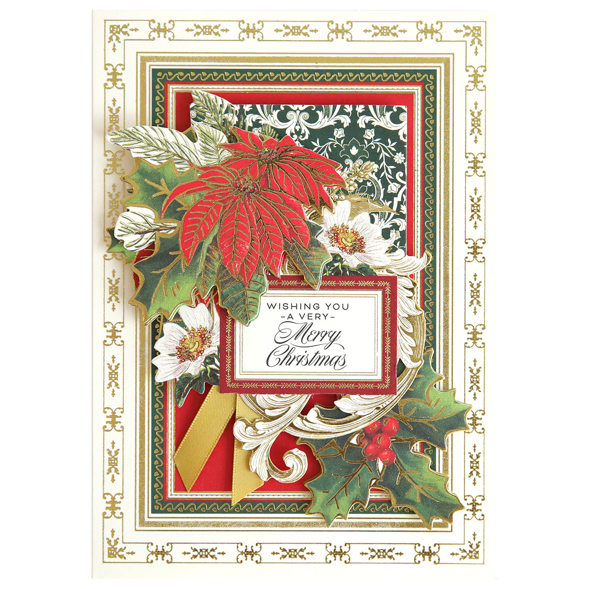 An ornate Christmas Greetings Card Making Kit featuring poinsettias, holly leaves, and a decorative "Wishing You A Very Merry Christmas" message on the front in elegant red, green, and gold colors. This festive card-making kit is perfect for adding a personal touch to your holiday wishes.