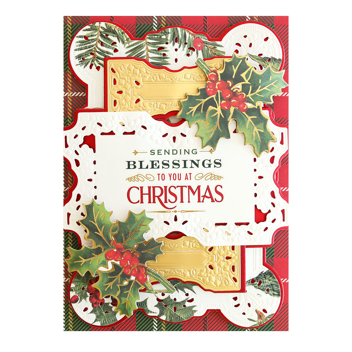 A festive Christmas card featuring holly and greenery accents with the text "Sending Blessings to You at Christmas" on the front, enhanced by holiday card decorations from high quality Christmas Greetings Rub On Transfers.