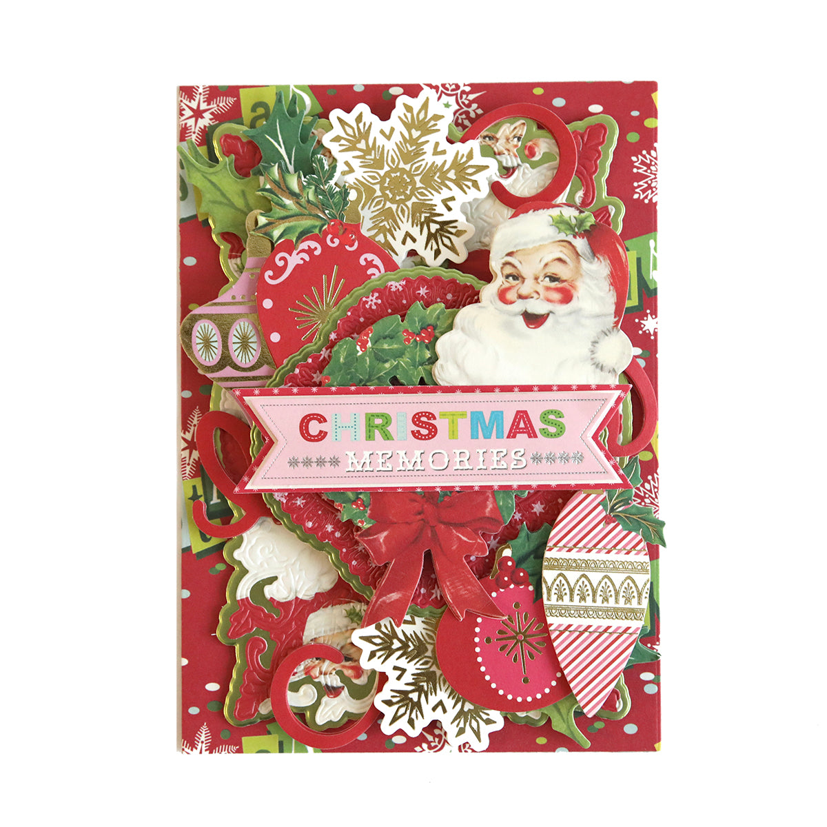 Explore the joy of holiday projects with our fun and festive Christmas card featuring a jolly Santa Claus. This retro Christmas Kitsch Papercrafting Collection piece will be a whimsical addition to the sentence.