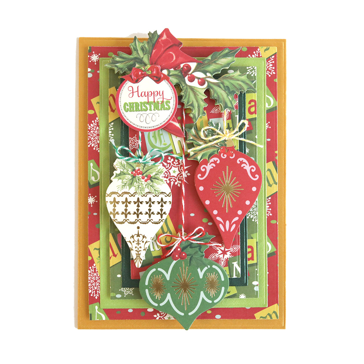 A fun and festive Christmas card adorned with the Christmas Kitsch Papercrafting Collection ornaments and decorations.