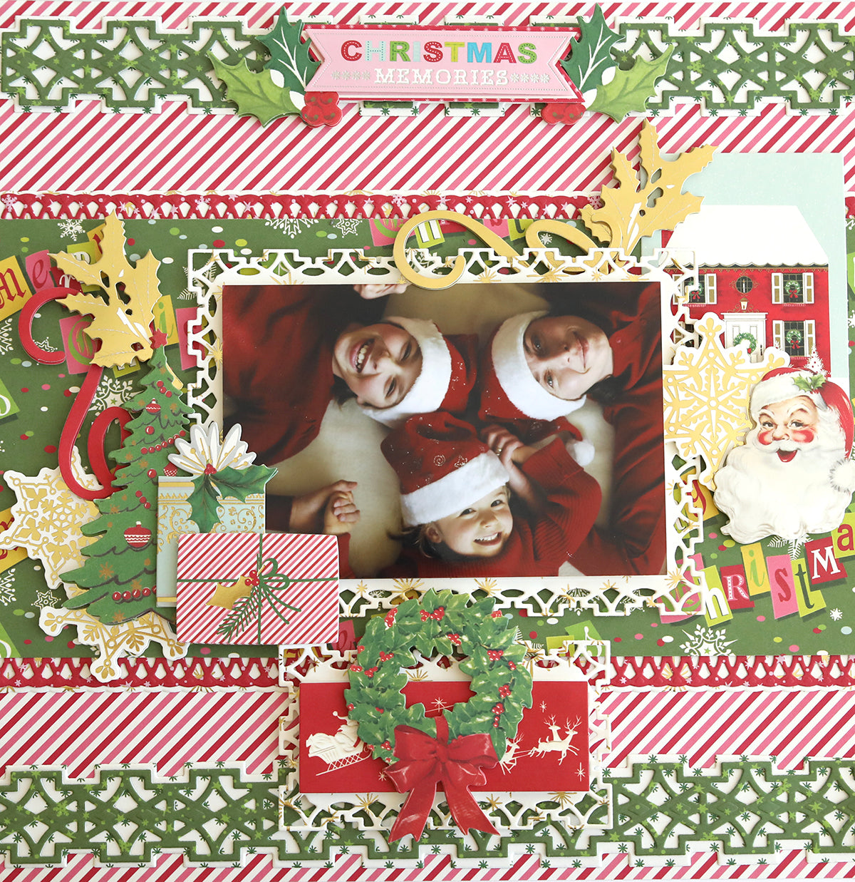 A retro Christmas scrapbook page featuring a family photo alongside Santa Claus, created using the Christmas Kitsch Papercrafting Collection.