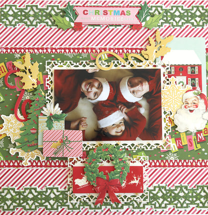 A retro Christmas scrapbook page featuring a family photo alongside Santa Claus, created using the Christmas Kitsch Papercrafting Collection.