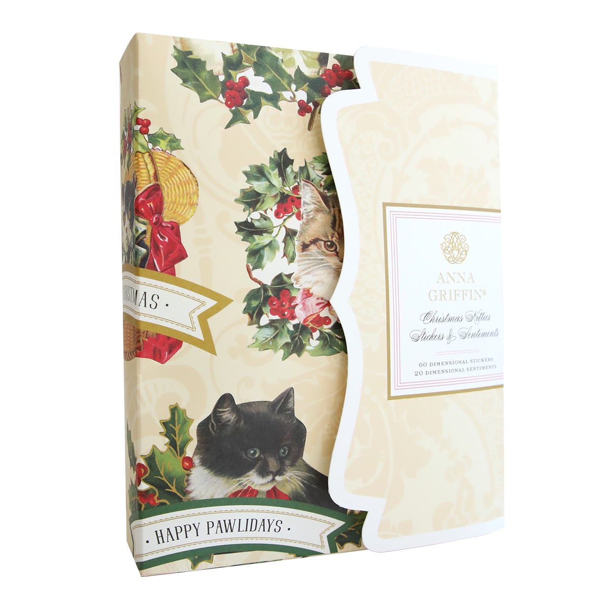 A Christmas gift card set featuring cat-themed illustrations in festive wreaths on the cover, perfect for pet lovers and Christmas cards enthusiasts. The set includes "Christmas Kitties Stickers" and delightful "Happy Pawlidays" messages with paw-some sentiments.