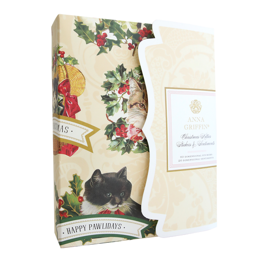 A Christmas gift card set featuring cat-themed illustrations in festive wreaths on the cover, perfect for pet lovers and Christmas cards enthusiasts. The set includes "Christmas Kitties Stickers" and delightful "Happy Pawlidays" messages with paw-some sentiments.