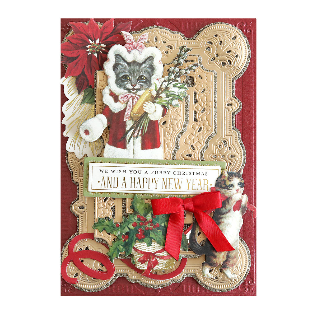 Elaborate holiday card featuring a cat dressed in Santa Claus attire, poinsettia flowers, a red ribbon bow, and a greeting: "We wish you paw-some sentiments and a Happy New Year." Perfect for pet lovers' Christmas cards, showcasing cute touches like Christmas Kitties Stickers.