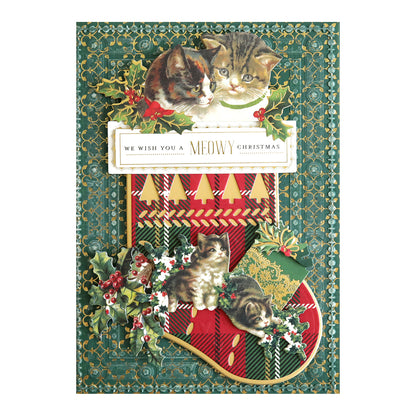 A festive card with two kittens at the top, a stocking filled with holly and white flowers, Christmas Kitties Stickers, and the text "We wish you a MEOWY Christmas" on a decorative green and gold background. Perfect for pet lovers' Christmas cards with paw-some sentiments!