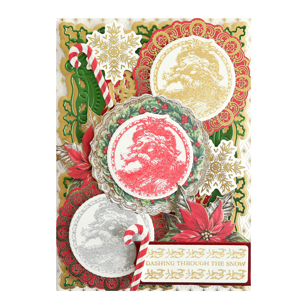 Festive holiday card featuring three circular wreath designs with animal illustrations, surrounded by red poinsettia flowers, candy canes, and snowflake patterns. Text reads "DASHING THROUGH THE SNOW." Enhance the elegance with metallic ink pads from the Christmas Perfect Palette Inks.