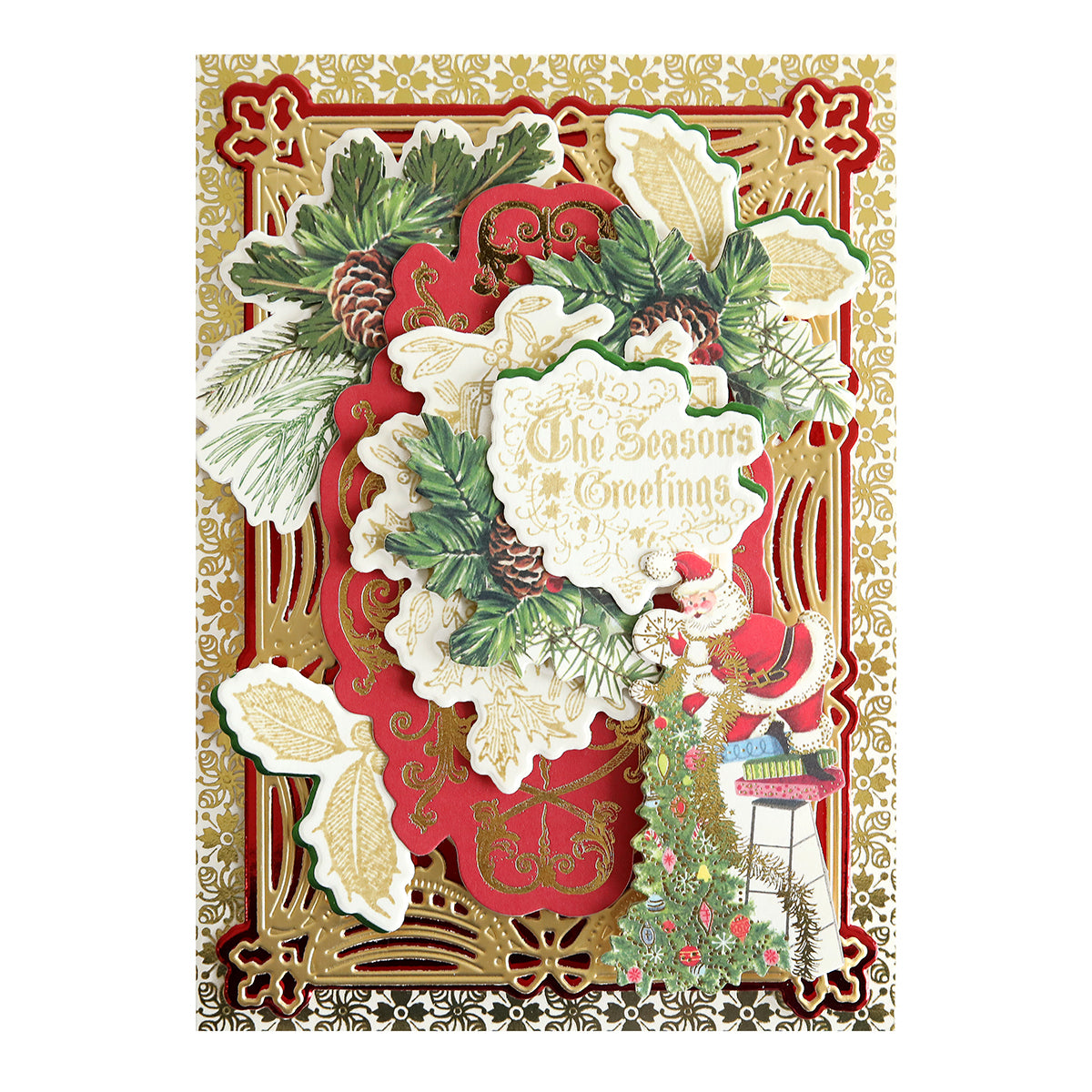 A festive greeting card featuring "The Season's Greetings" text surrounded by pinecones, holly, and an ornate gold and red design. A small snowman decorates the bottom right corner, enhanced subtly with Christmas Perfect Palette Inks for that perfect holiday touch.