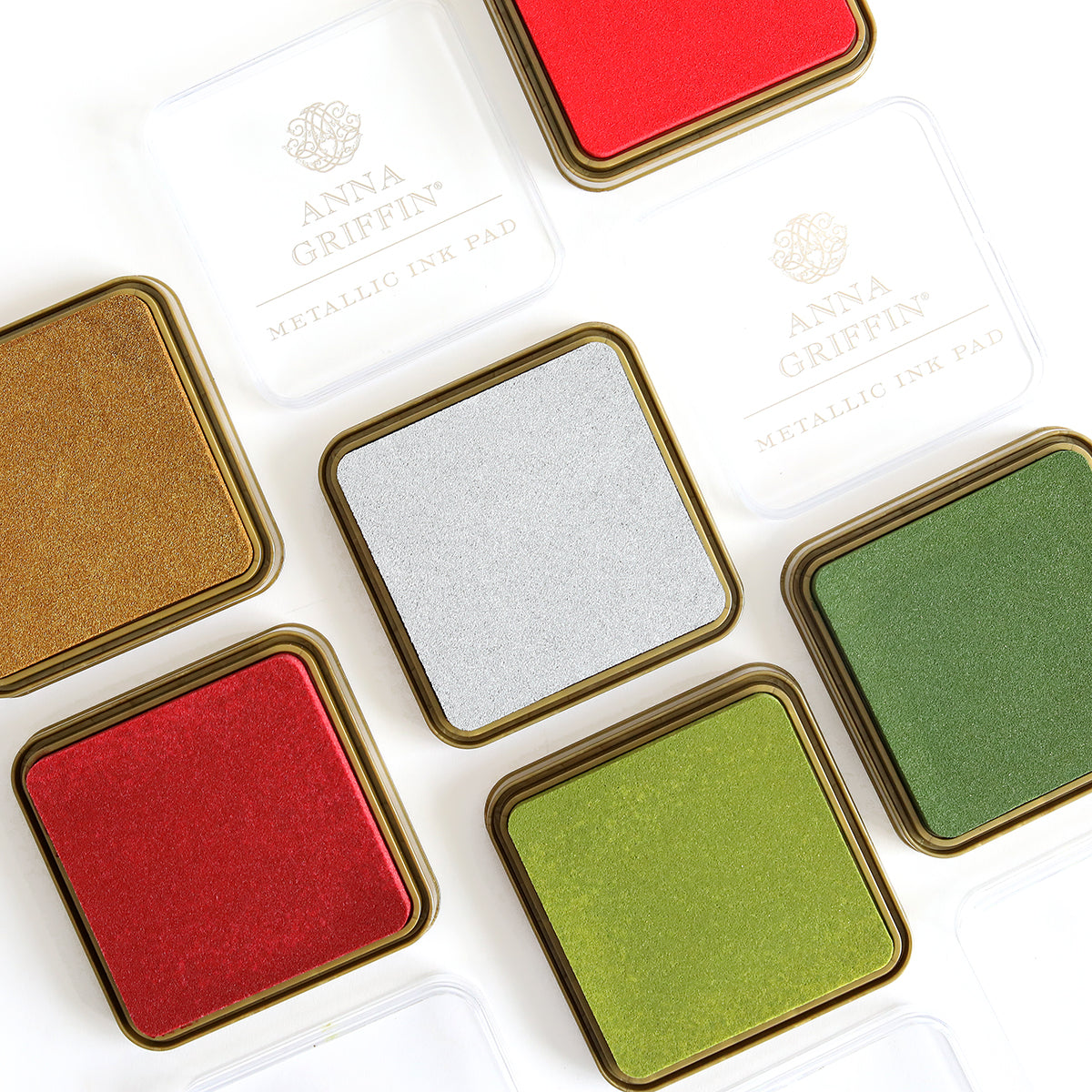 Christmas Perfect Palette Inks in gold, red, silver, and green, part of the Christmas Perfect Palette from Anna Griffin, featuring branding on two transparent covers.