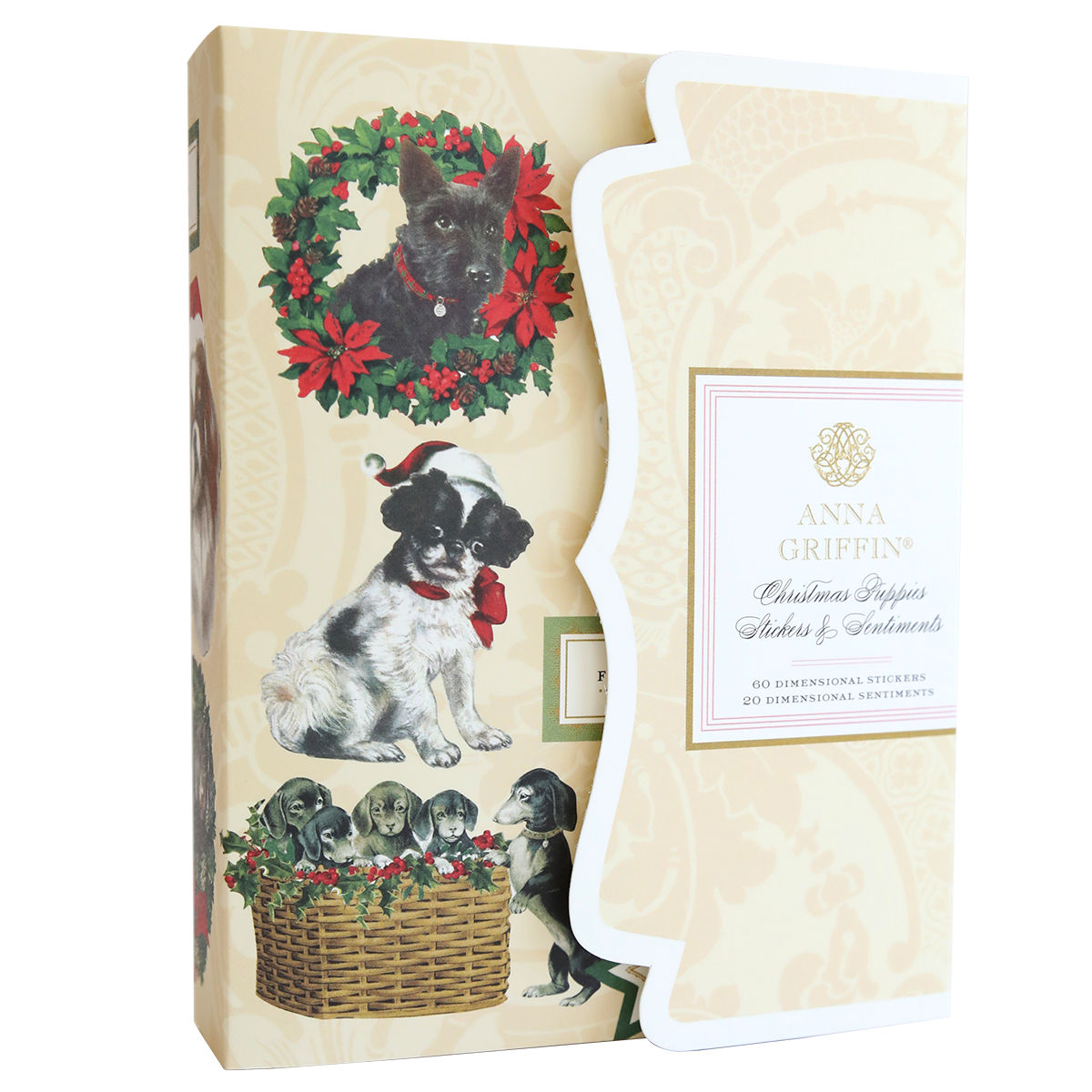 A decorative box featuring illustrations of puppies in holiday-themed settings, perfect for pet lovers, labeled "Christmas Puppies Stickers.