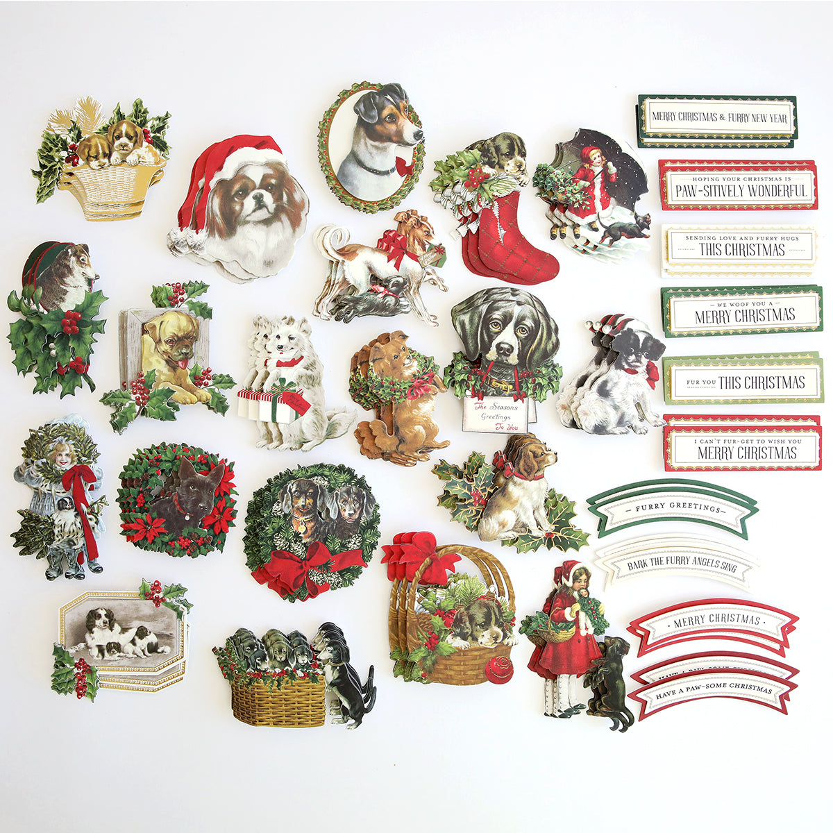 A collection of vintage Christmas cutouts featuring dogs and children in holiday attire, along with festive phrases such as "Merry Christmas" and "Season's Greetings." Perfect for pet lovers, these Christmas Puppies Stickers capture the joy of the season.