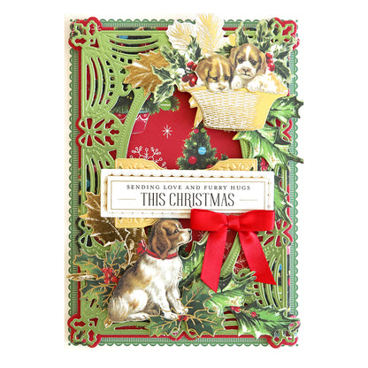 A decorative, canine-inspired Christmas card features puppies, holly, and a red bow. Text reads "Sending love and furry hugs this Christmas." Perfect for pet lovers! The ideal way to personalize gifts or envelopes is with these Christmas Puppies Stickers.