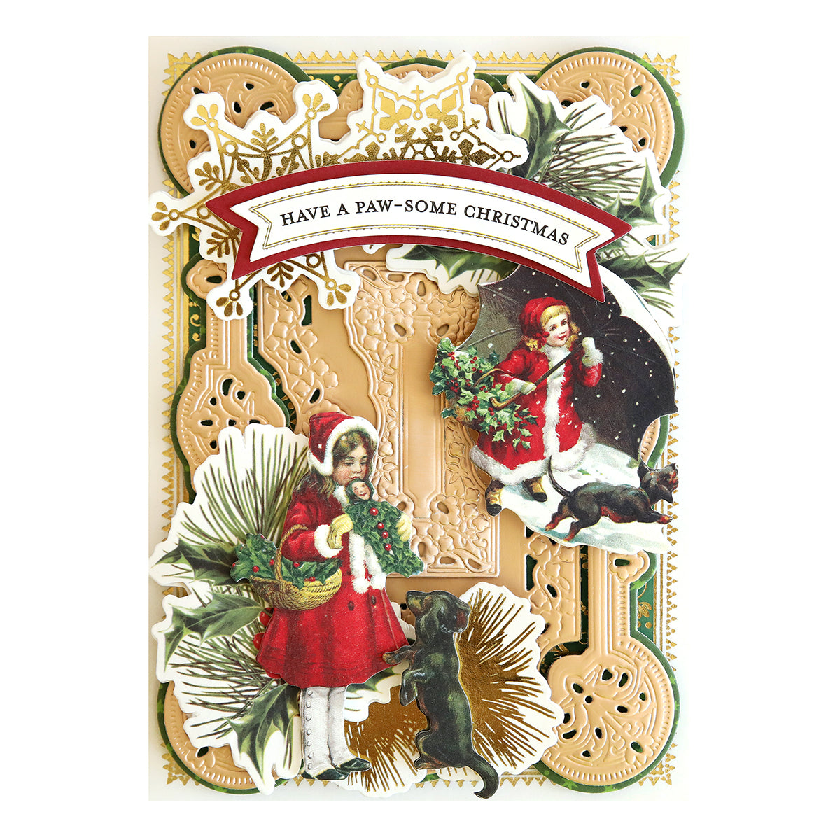 A Christmas card adorned with vintage-style illustrations of children in red outfits and black dogs, along with pine branches. Perfect for pet lovers, it features the text "Have a Paw-some Christmas" on a banner.