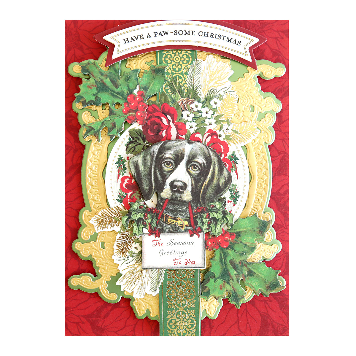 Holiday card with a beagle dog illustration wearing a holly wreath, gold and red intricate background, and a message reading "The Season’s Greetings To You" and "Have a Paw-some Christmas" banner on top. Perfect for pet lovers looking for Christmas Puppies Stickers.