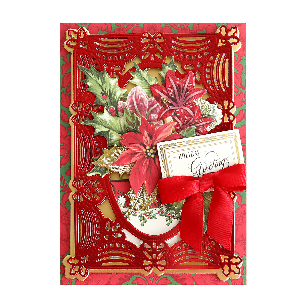 A luxury matte foil Anna Griffin Christmas card adorned with poinsettias and a festive red ribbon.