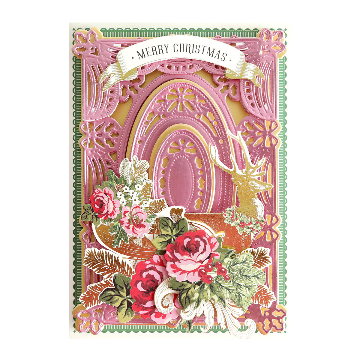 An Anna Griffin Christmas Wishes 3D Concentric Dies luxury matte foil cardstock Christmas card is adorned with delicate pink roses and a charming deer.