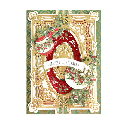 A luxury matte foil Christmas card adorned with ornaments and holly, crafted with Anna Griffin's Christmas Wishes 3D Concentric Dies.