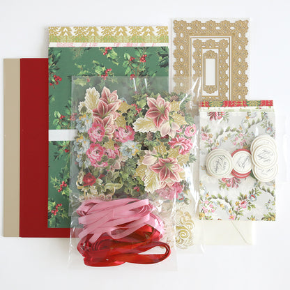 Eyelet Elegance Dies and Materials, featuring vibrant cardstock, floral cutouts, satin ribbons, and ornate sticker sheets, are artfully arranged on a flat surface.