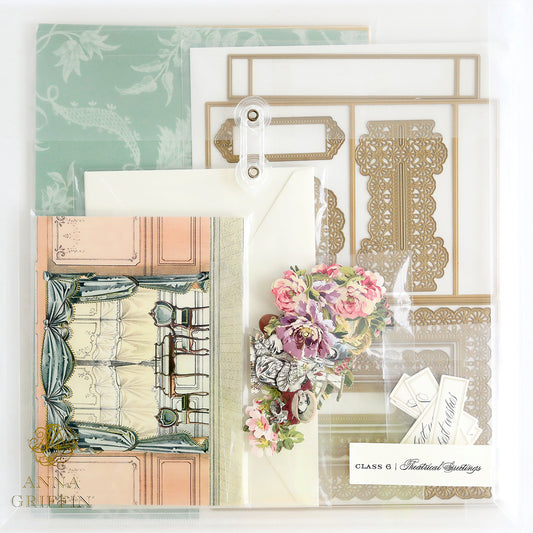 The Theatrical Greetings Dies and Materials collection offers decorative paper with intricate die-cut floral designs and an elegant envelope on a green patterned sheet, ideal for crafting dramatic greetings or enhancing your cardstock projects.