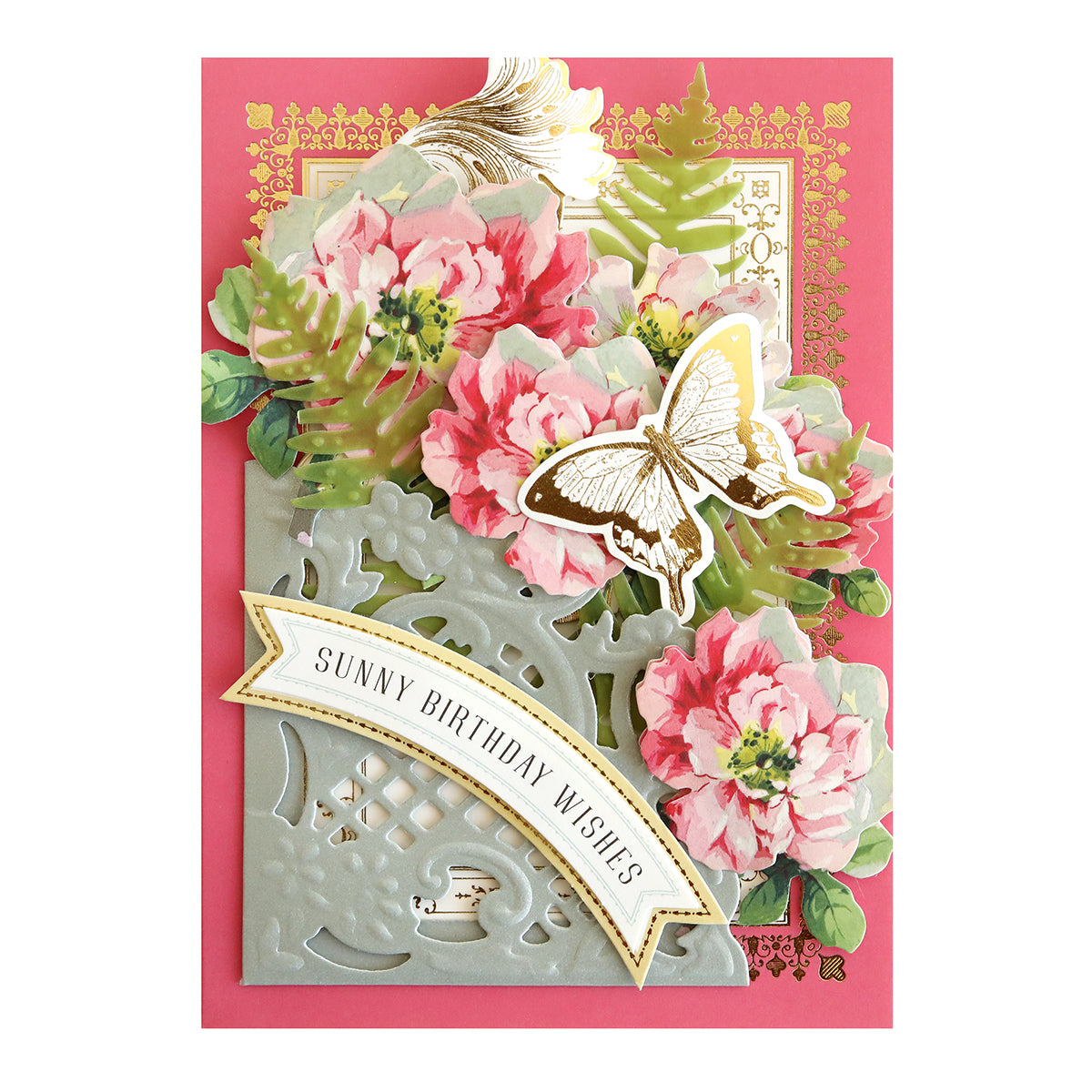 An elegant pink card adorned with flowers and butterflies, perfect for Anniversary Pocket Dies cards.