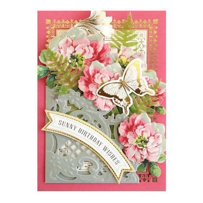 An elegant pink card adorned with flowers and butterflies, perfect for Anniversary Pocket Dies cards.