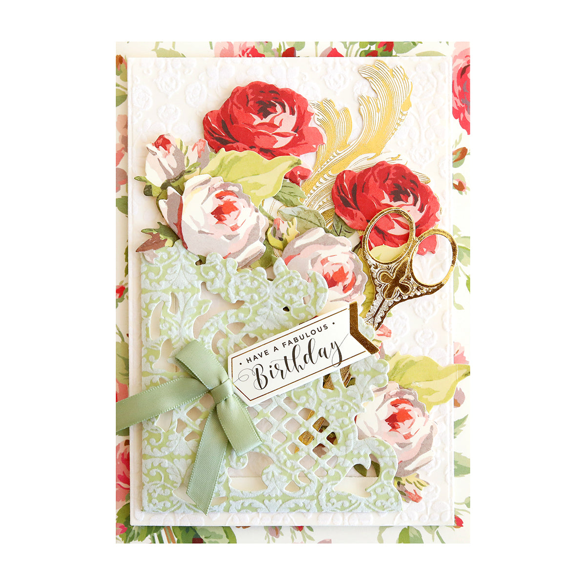 An elegant card featuring a beautiful rose design and delicate scissors, part of the Anniversary Pocket Dies. Perfect for creating heartfelt anniversary greetings.
