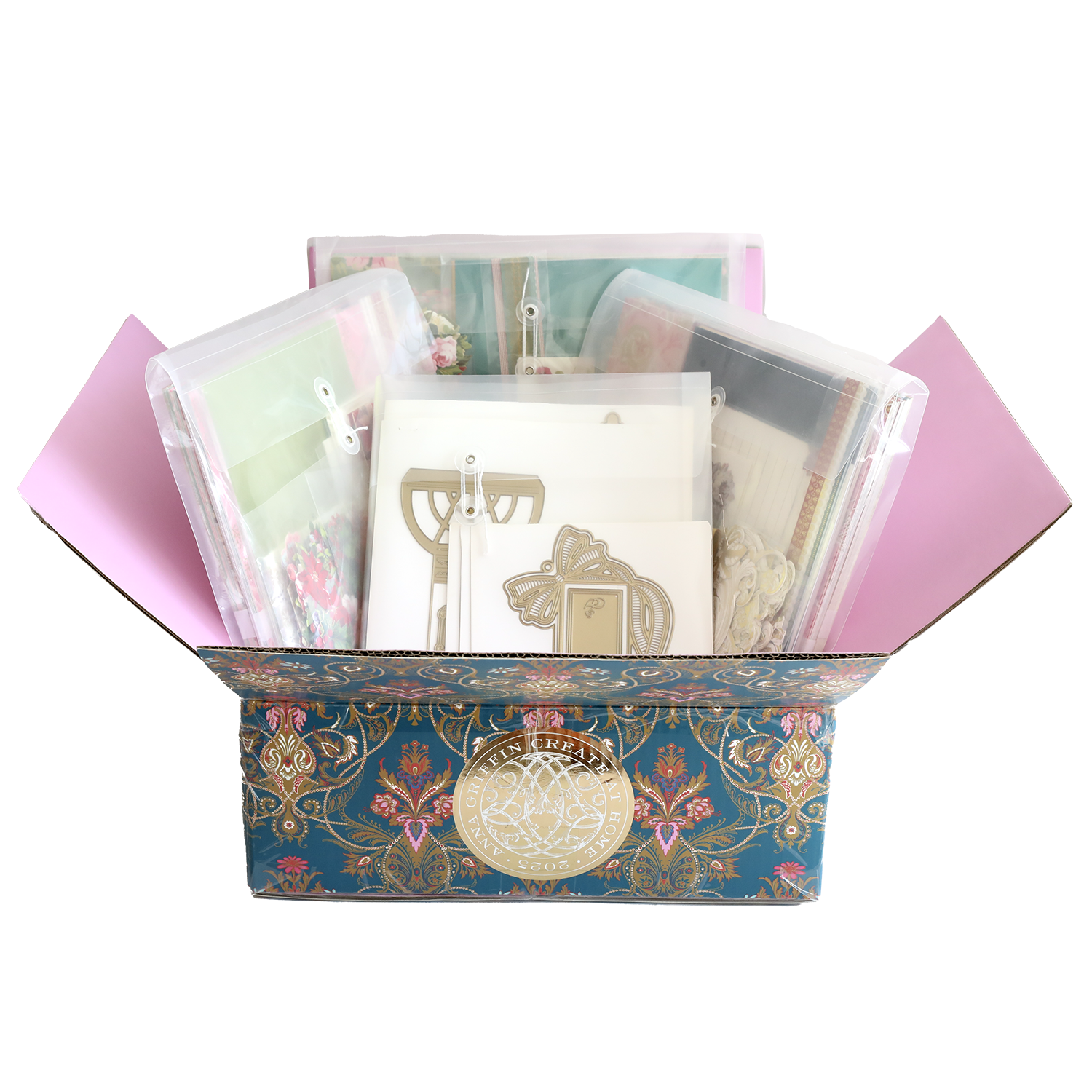 The Anna Griffin | Create 2025 Event Kit is a decorative floral box filled with envelopes, cards, and metal cutting dies in clear sleeves—perfectly organized for your next live streamed crafting session.