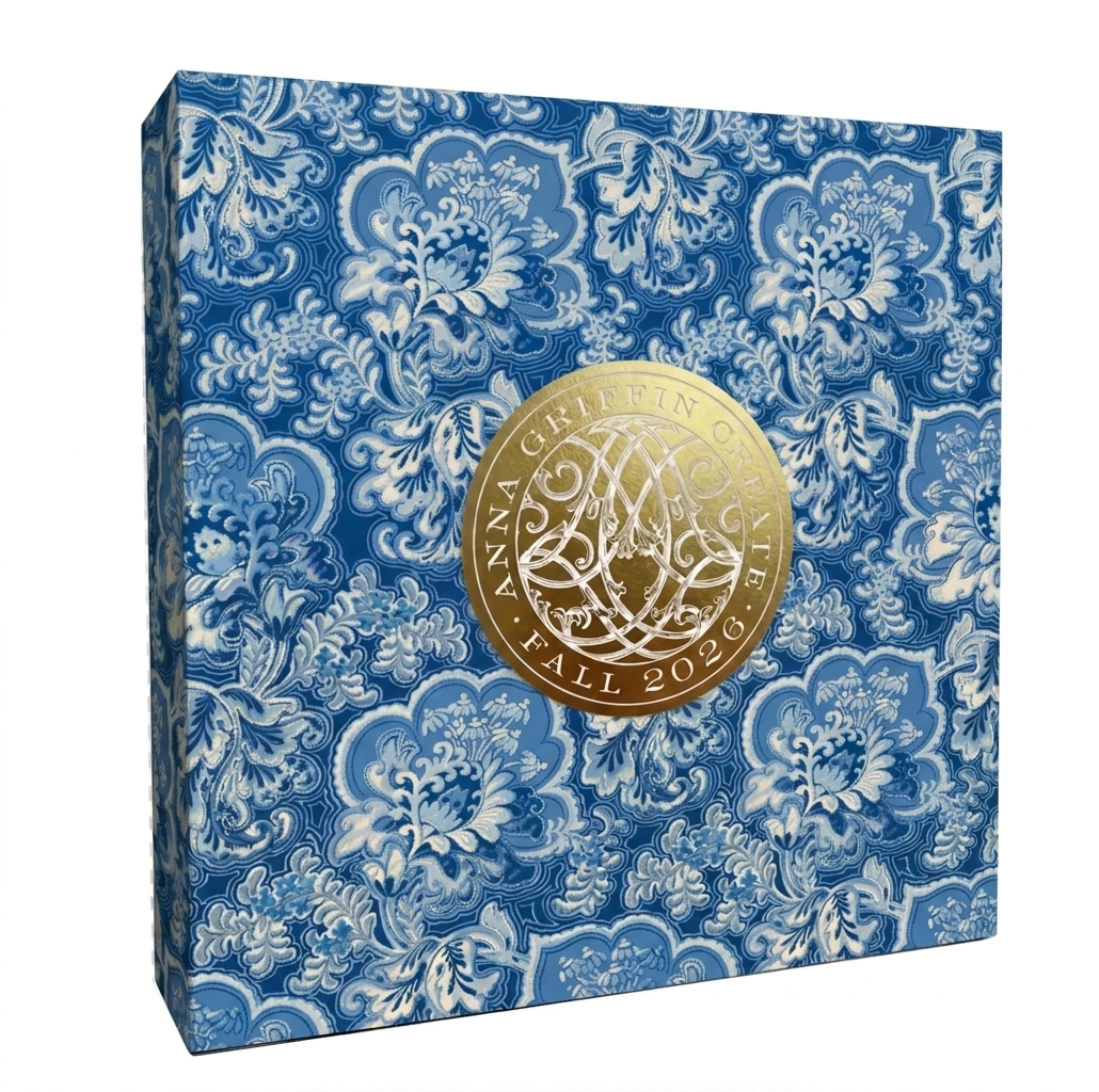 Square box with blue and white floral pattern, featuring a large gold seal reading "Anna Griffin Create Fall 2026," perfect for fans of online craft classes and creative communities.