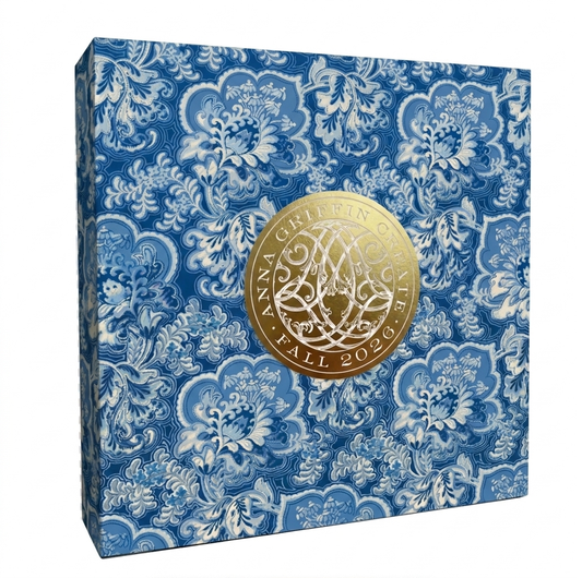 Square box with blue and white floral pattern, featuring a large gold seal reading "Anna Griffin Create Fall 2026," perfect for fans of online craft classes and creative communities.