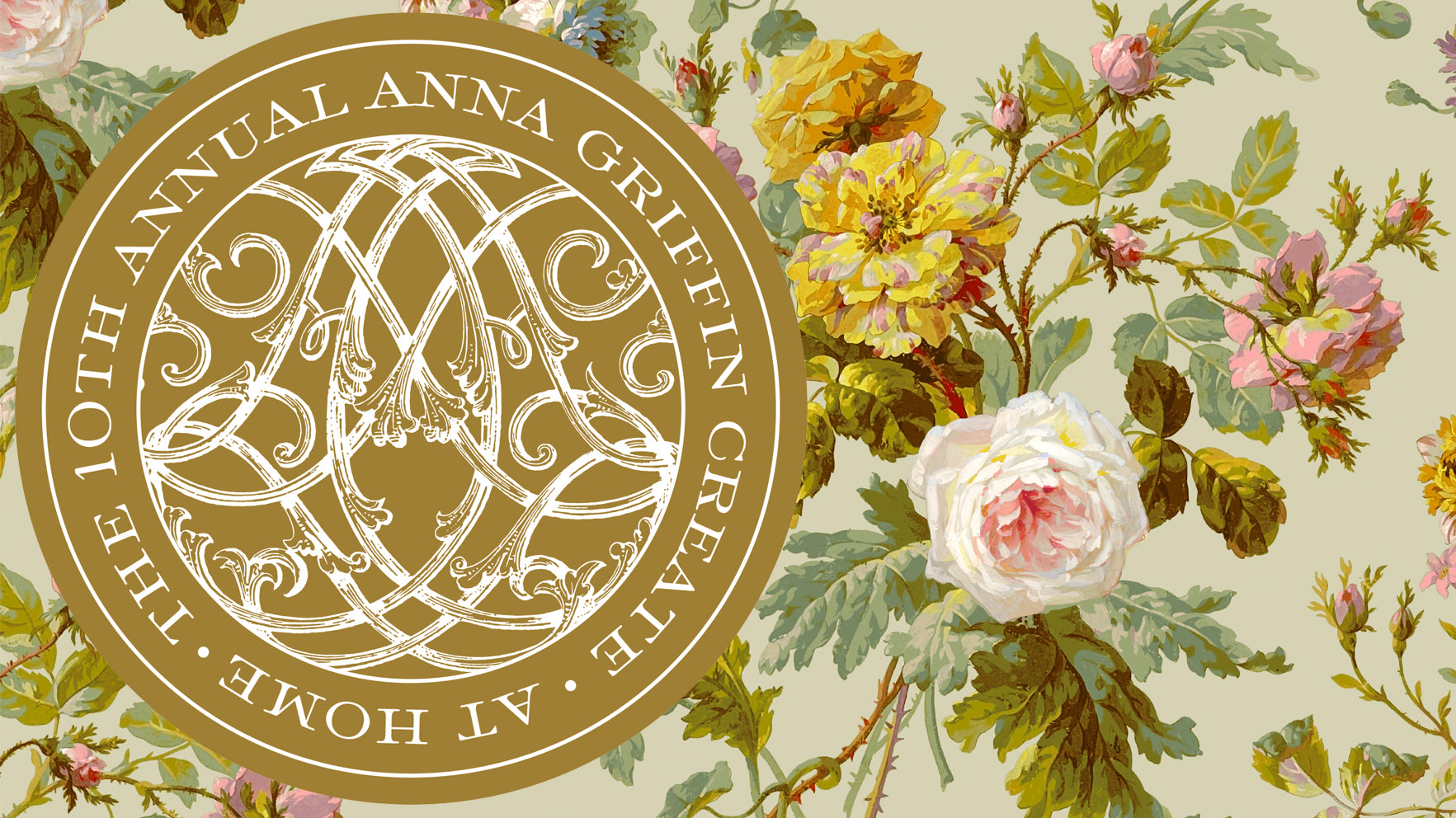 A floral background with a circular gold seal featuring intricate designs and the text "The 10th Annual Anna Griffin Create at Home" surrounding the design.