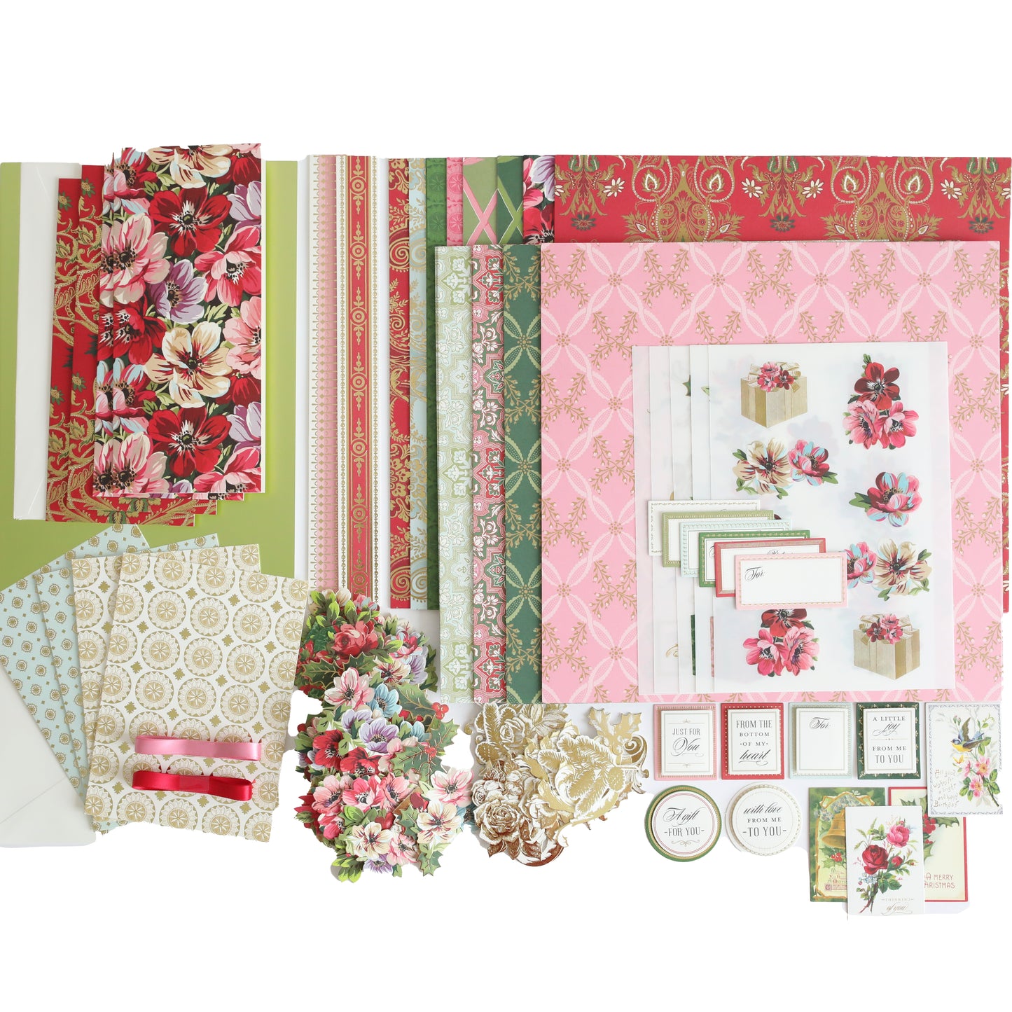 Anna Griffin | Create 2025 includes decorative papers, floral cutouts, envelopes, tags, and ribbon—perfectly arranged for exploring new crafting techniques or preparing for your next papercrafting project.