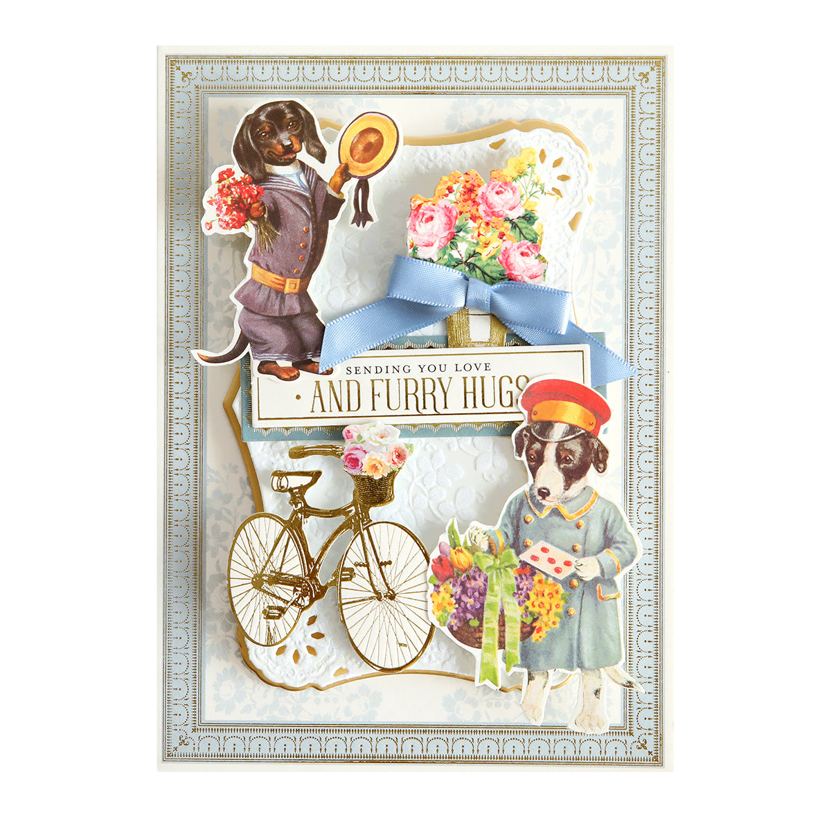 The "Cute Pet Rub On Transfers" feature charming dog illustrations in antique-inspired outfits with flowers and a bicycle, complete with the message "Sending You Love and Furry Hugs," adorned with a blue ribbon—ideal for pet lovers.