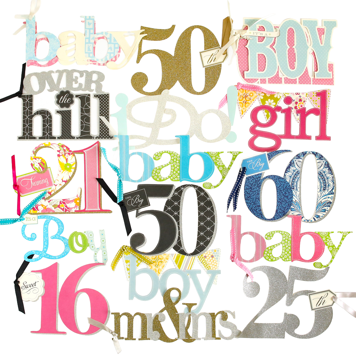 A collection from the Friends and Family Diecut Word Assortment featuring colorful, oversized cutout words and numbers—including "baby," "boy," "girl," "50," "25," "100," "16," and "over the hill"—set against a white background, perfect for adding a playful touch to handmade cards or scrapbook pages.