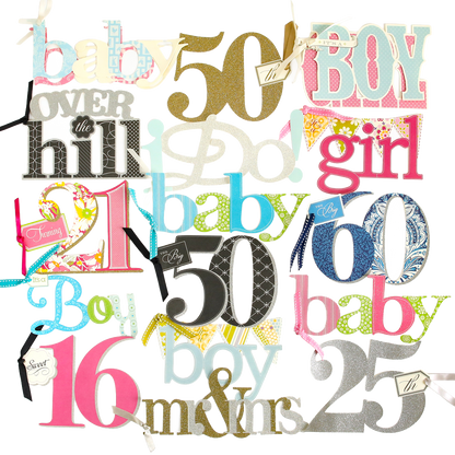 A collection from the Friends and Family Diecut Word Assortment featuring colorful, oversized cutout words and numbers—including "baby," "boy," "girl," "50," "25," "100," "16," and "over the hill"—set against a white background, perfect for adding a playful touch to handmade cards or scrapbook pages.