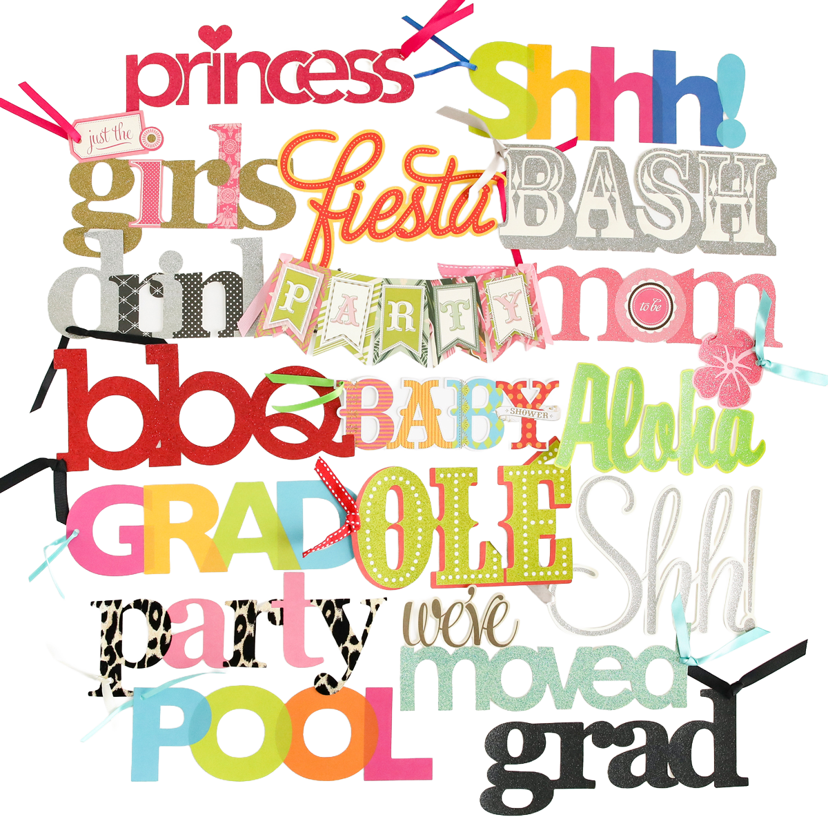The Party Time Diecut Word Assortment features vibrant die-cut words like "princess," "fiesta," "grad," "baby," and "party" layered on a crisp white background, embellished with sparkling glitter, playful ribbons, and festive banners—an ideal choice for decorating scrapbook pages or adding flair to handmade cards.