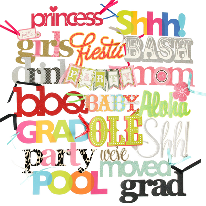 The Party Time Diecut Word Assortment features vibrant die-cut words like "princess," "fiesta," "grad," "baby," and "party" layered on a crisp white background, embellished with sparkling glitter, playful ribbons, and festive banners—an ideal choice for decorating scrapbook pages or adding flair to handmade cards.