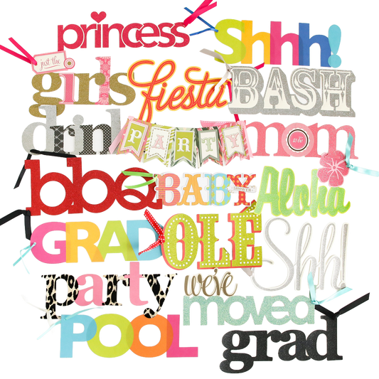 The Party Time Diecut Word Assortment features vibrant die-cut words like "princess," "fiesta," "grad," "baby," and "party" layered on a crisp white background, embellished with sparkling glitter, playful ribbons, and festive banners—an ideal choice for decorating scrapbook pages or adding flair to handmade cards.