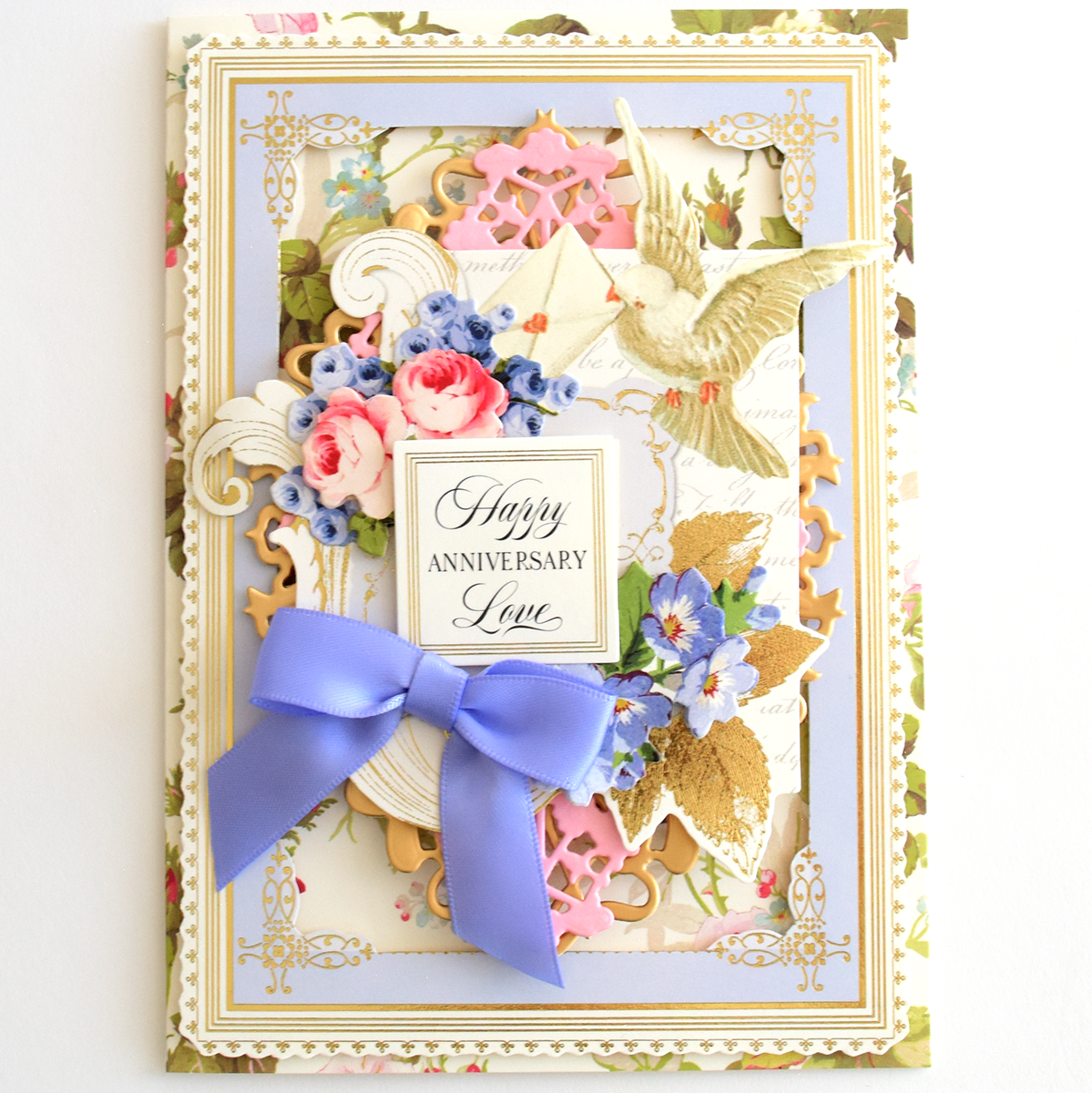 Delightful Collage Toppers and Cards feature floral designs, a gold bird, a purple ribbon bow, and "Happy Anniversary Love"—ideal as card toppers or for enhancing your favorite patterned cards.