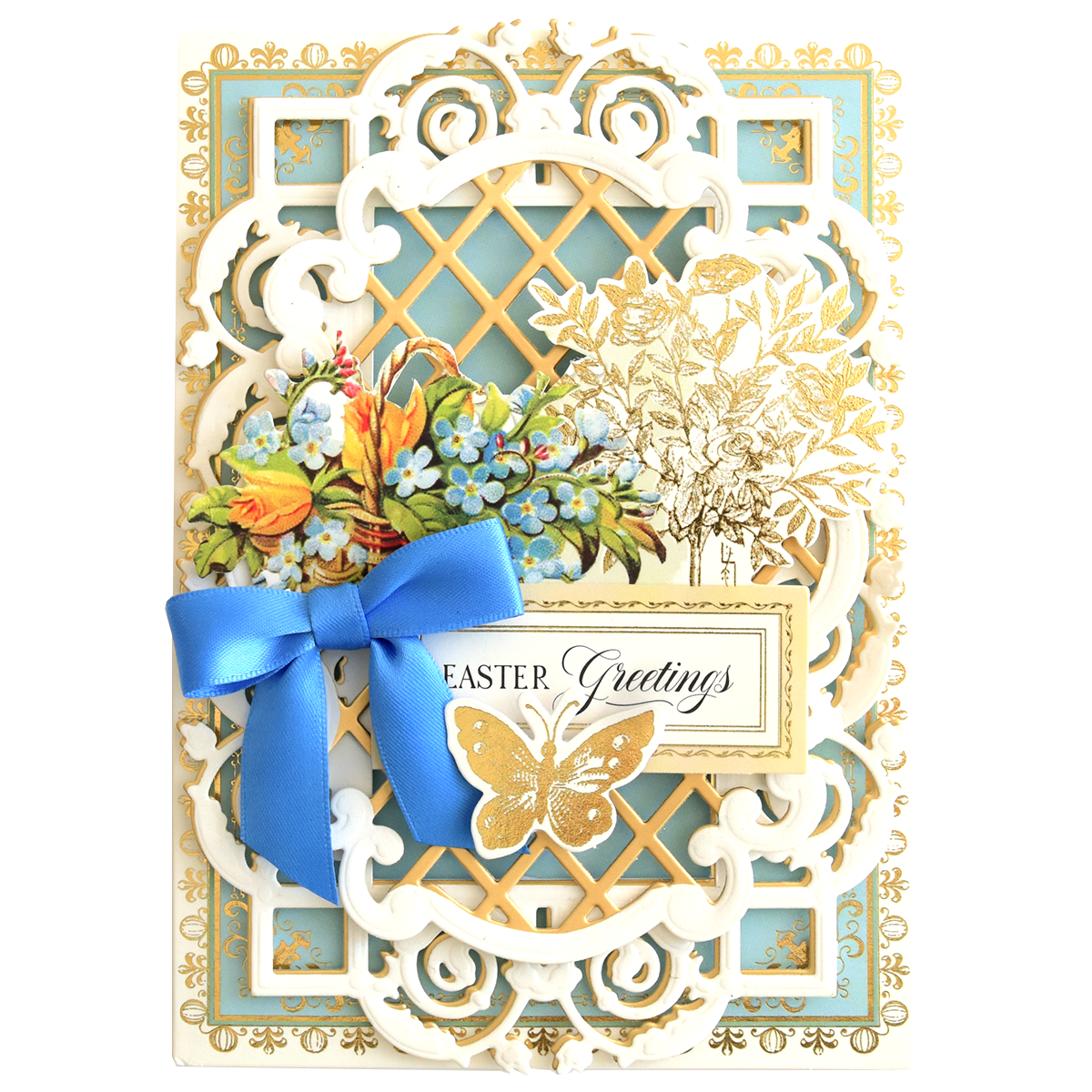 The Delightful Collage Toppers and Cards feature layered cut-out designs, floral accents, a gold butterfly, blue ribbon, and "Easter Greetings"—perfect for your cardmaking bundle or as elegant card toppers.