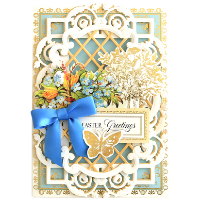 The Delightful Collage Toppers and Cards feature layered cut-out designs, floral accents, a gold butterfly, blue ribbon, and "Easter Greetings"—perfect for your cardmaking bundle or as elegant card toppers.