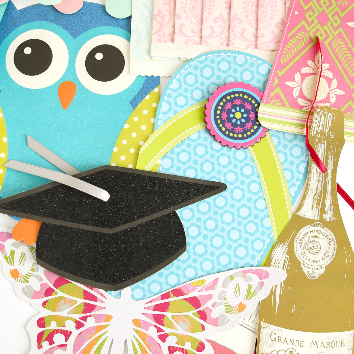 Elevate handmade cards or scrapbook pages with the All Occasion Extreme Diecut Assortment—a vibrant collection of diecut images featuring an owl, graduation cap, butterfly, champagne bottle, and patterned shapes—ideal for creative embellishments and adding a unique touch to your projects.