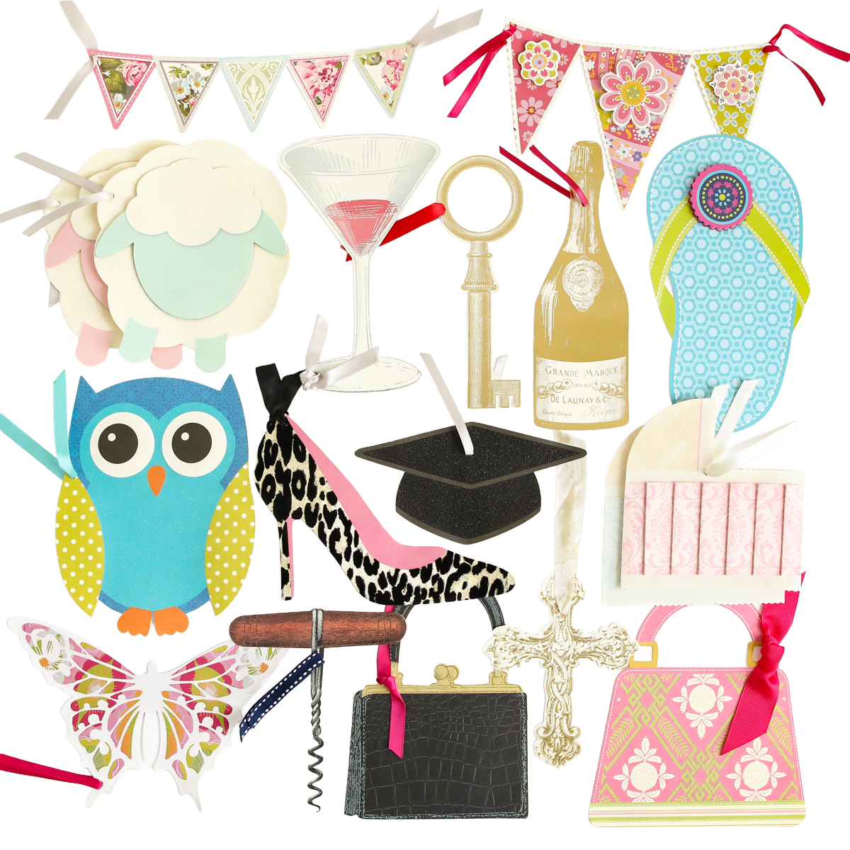 The All Occasion Extreme Diecut Assortment features a variety of colorful paper gift tags shaped like an owl, butterfly, sheep, flip-flop, key, shoe, purse, champagne bottle, martini glass, graduation cap, and bunting—perfect die-cut images for scrapbook pages or handmade cards.