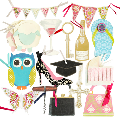 The All Occasion Extreme Diecut Assortment features a variety of colorful paper gift tags shaped like an owl, butterfly, sheep, flip-flop, key, shoe, purse, champagne bottle, martini glass, graduation cap, and bunting—perfect die-cut images for scrapbook pages or handmade cards.