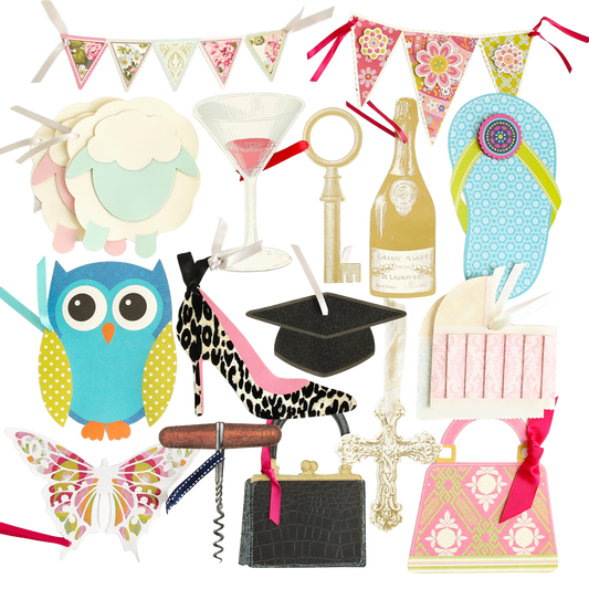 The All Occasion Extreme Diecut Assortment features a variety of colorful paper gift tags shaped like an owl, butterfly, sheep, flip-flop, key, shoe, purse, champagne bottle, martini glass, graduation cap, and bunting—perfect die-cut images for scrapbook pages or handmade cards.